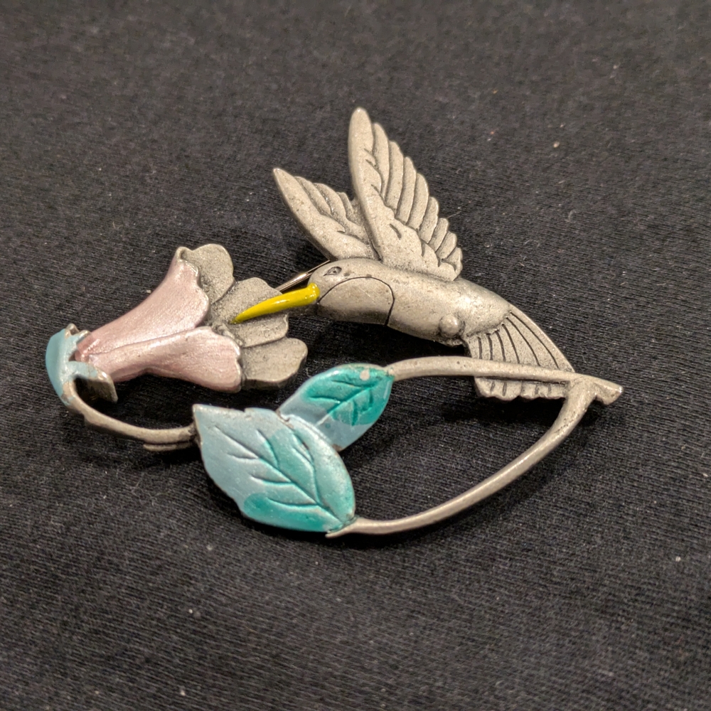 Vintage J.J. Janette Silver and Pink Hummingbird Brooch with Floral Design